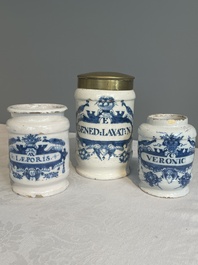 Three blue and white Dutch Delft albarelli, 18th C.