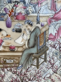 A Chinese famille rose 'hundred boys' plaque, Qianlong mark, 20th C.