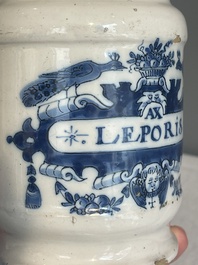 Three blue and white Dutch Delft albarelli, 18th C.