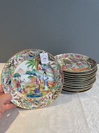 Thirteen Chinese Canton famille rose plates with narrative design, 19th C.