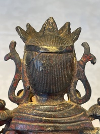 A Chinese bronze Bodhisattva on stand, Yongle mark, dated 1422