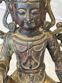A Chinese bronze Bodhisattva on stand, Yongle mark, dated 1422