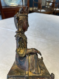 A Chinese bronze Bodhisattva on stand, Yongle mark, dated 1422
