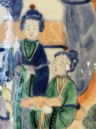 A pair of Chinese famille verte rouleau vases with narrative design, 19th C.
