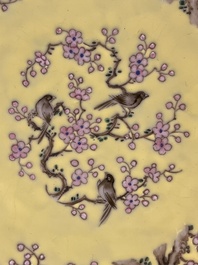 A Chinese yellow-ground famille rose 'magpie and plum tree' plate, Tongzhi mark and of the period