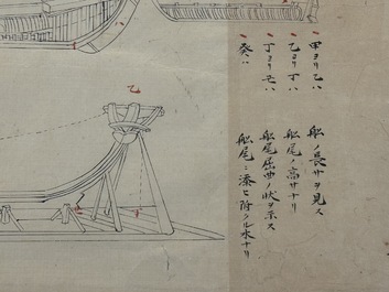 Two Japanese ink drawings of French warship structure diagrams, 19th C.