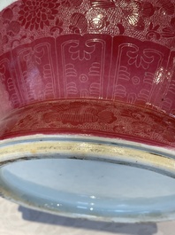 A Chinese ruby-ground famille rose vase, signed Deng Xiaoyu 鄧肖禹, 20th C.