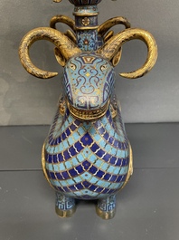 A pair of extremely rare Chinese ram-shaped cloisonn&eacute; candelabra, 18/19th C.