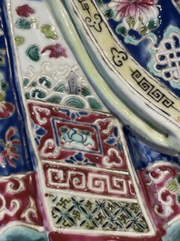 Three Chinese famille rose figures of star gods and a lady, Zhu Mao Ji Zao 朱茂記造 mark, Republic