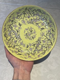 A Chinese yellow-ground famille rose 'magpie and plum tree' plate, Tongzhi mark and of the period