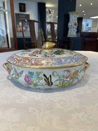 A rare Chinese Canton famille rose '100 butterflies' tureen and cover on stand, 19th C.