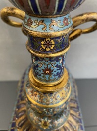 A pair of extremely rare Chinese ram-shaped cloisonn&eacute; candelabra, 18/19th C.