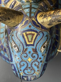 A pair of extremely rare Chinese ram-shaped cloisonn&eacute; candelabra, 18/19th C.