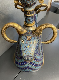 A pair of extremely rare Chinese ram-shaped cloisonn&eacute; candelabra, 18/19th C.