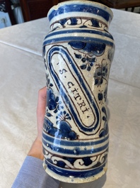 A blue, white and manganese Portuguese faience albarello, 17th C.