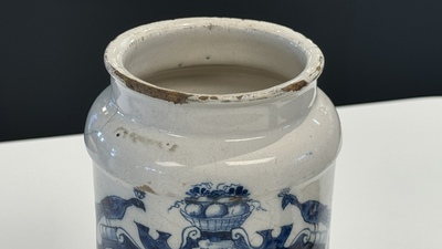 Three blue and white Dutch Delft albarelli, 18th C.