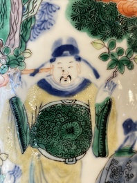 A pair of Chinese famille verte rouleau vases with narrative design, 19th C.