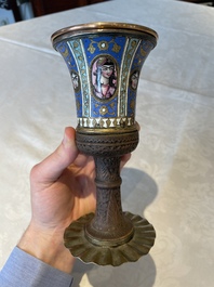 A gilt copper and enamelled water pipe base on wooden stand, Qajar, Iran, 19th C.