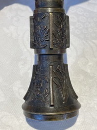 A fine and rare Chinese bronze vase with floral design in the style of Hu Wenming 胡文明, 'gu 觚', Ming