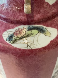 A Chinese ruby-ground famille rose vase, signed Deng Xiaoyu 鄧肖禹, 20th C.