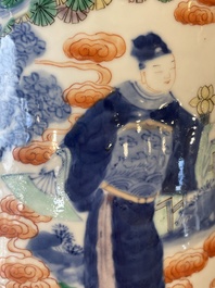 A pair of Chinese famille verte rouleau vases with narrative design, 19th C.