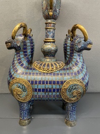 A pair of extremely rare Chinese ram-shaped cloisonn&eacute; candelabra, 18/19th C.