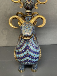 A pair of extremely rare Chinese ram-shaped cloisonn&eacute; candelabra, 18/19th C.