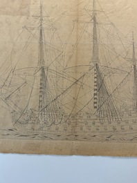 Two Japanese ink drawings of French warship structure diagrams, 19th C.