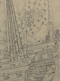 Two Japanese ink drawings of French warship structure diagrams, 19th C.
