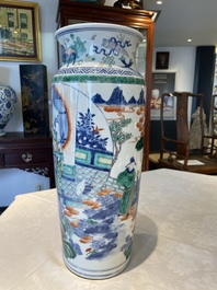A pair of Chinese famille verte rouleau vases with narrative design, 19th C.