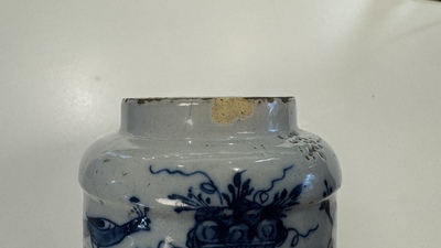 Three blue and white Dutch Delft albarelli, 18th C.