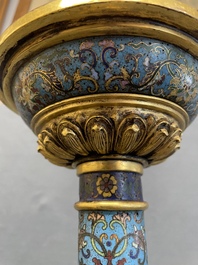 A pair of extremely rare Chinese ram-shaped cloisonn&eacute; candelabra, 18/19th C.