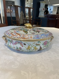 A rare Chinese Canton famille rose '100 butterflies' tureen and cover on stand, 19th C.