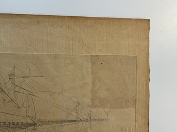Two Japanese ink drawings of French warship structure diagrams, 19th C.