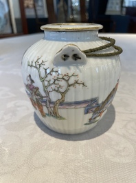 A pair of Chinese blue and white vases, a pair of sancai Buddhist lions, a famille rose ewer and a teapot, 19th C.