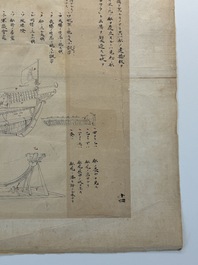 Two Japanese ink drawings of French warship structure diagrams, 19th C.