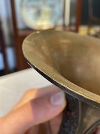 A fine and rare Chinese bronze vase with floral design in the style of Hu Wenming 胡文明, 'gu 觚', Ming
