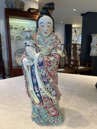 Three Chinese famille rose figures of star gods and a lady, Zhu Mao Ji Zao 朱茂記造 mark, Republic