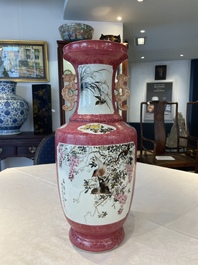 A Chinese ruby-ground famille rose vase, signed Deng Xiaoyu 鄧肖禹, 20th C.