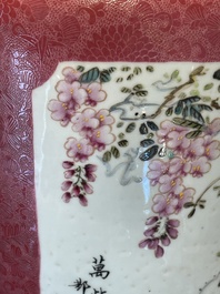 A Chinese ruby-ground famille rose vase, signed Deng Xiaoyu 鄧肖禹, 20th C.