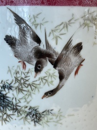 A Chinese ruby-ground famille rose vase, signed Deng Xiaoyu 鄧肖禹, 20th C.