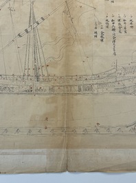 Two Japanese ink drawings of French warship structure diagrams, 19th C.