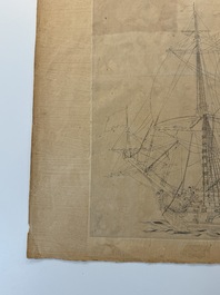 Two Japanese ink drawings of French warship structure diagrams, 19th C.