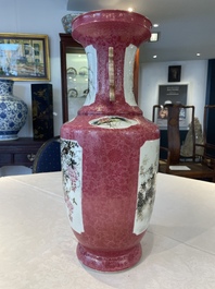 A Chinese ruby-ground famille rose vase, signed Deng Xiaoyu 鄧肖禹, 20th C.