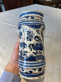 A blue, white and manganese Portuguese faience albarello, 17th C.