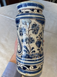 A blue, white and manganese Portuguese faience albarello, 17th C.