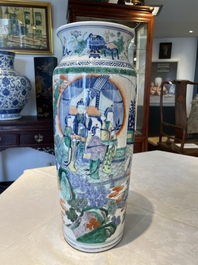 A pair of Chinese famille verte rouleau vases with narrative design, 19th C.