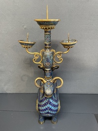 A pair of extremely rare Chinese ram-shaped cloisonn&eacute; candelabra, 18/19th C.