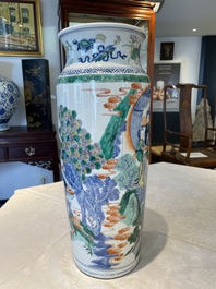A pair of Chinese famille verte rouleau vases with narrative design, 19th C.