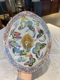 A rare Chinese Canton famille rose '100 butterflies' tureen and cover on stand, 19th C.